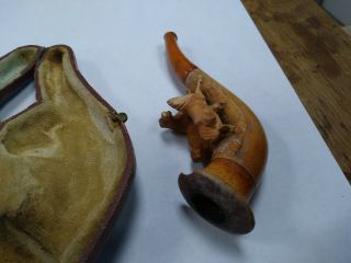 Antique German Carved Horses Meerschaum Pipe w/ Case 2