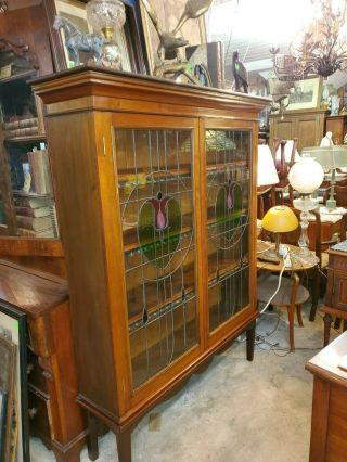 Antique Mahogany Art Deco Bookcase - Tulip Stained Glass Doors