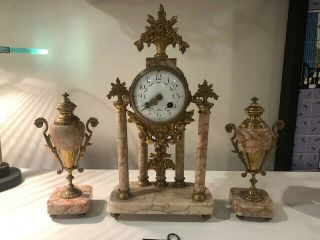 French 2nd Empire Marble And Ormulo 5 Column Portico Selsi Clock,  W/ Side Urns