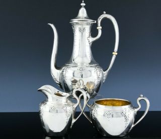 LOVELY ANTIQUE REED & BARTON STERLING SILVER TEA OR COFFEE POT CREAM & SUGAR SET 2
