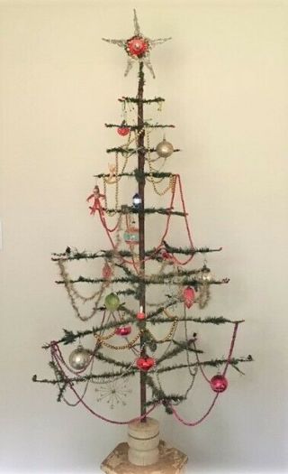 Antique German Feather Tree With 20 Vintage Ornaments - 57 Inches High