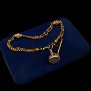 Antique Vintage Nouveau 14k 18k Tri Gold Bloodstone Signet Watch Fob Necklace