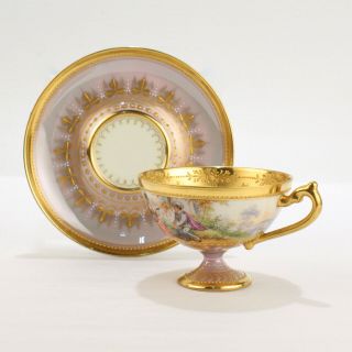 Antique Enamel Jeweled & Gilt Lamm Dresden Porcelain Demitasse Cup & Saucer - Pc