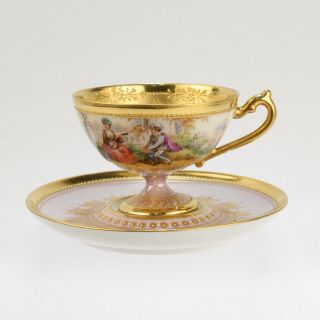 Antique Enamel Jeweled & Gilt Lamm Dresden Porcelain Demitasse Cup & Saucer - PC 2