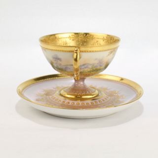 Antique Enamel Jeweled & Gilt Lamm Dresden Porcelain Demitasse Cup & Saucer - PC 3