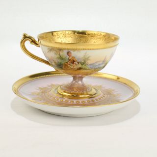 Antique Enamel Jeweled & Gilt Lamm Dresden Porcelain Demitasse Cup & Saucer - PC 4