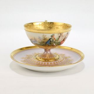 Antique Enamel Jeweled & Gilt Lamm Dresden Porcelain Demitasse Cup & Saucer - PC 5