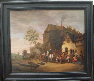 Large 18th Century Flemish Old Master Peasants By Tavern Antique Oil Painting