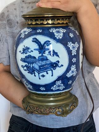 Antique Chinese Blue &white Kangxi Period Porcelain Jar,  As A Lamp