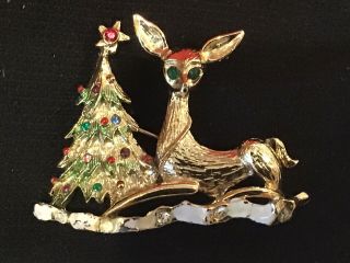 Vintage Rhinestone Enamel Christmas Tree Pin Brooch With Deer Mid Century Modern