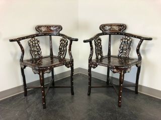 Vintage Chinese Rosewood Mother Of Pearl Inlay Corner Chairs - Pair