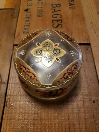 Antique Vintage Bohemian Glass With Gilt And Painted Design Powder Jar Box