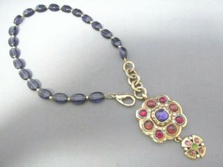Vintage Carolee Gold Tone Purple Glass Rhinestone Shield Toggle Clasp Necklace