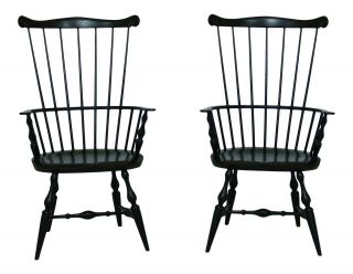 49995e: Pair Warren Chair Black Painted High Back Windsor Chairs