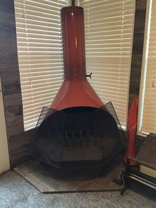 Majestic Mid Century Modern Orange Freestanding Cone Fireplace Wood Burning