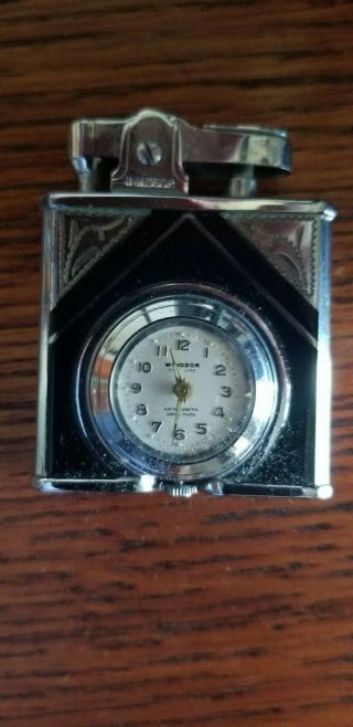 Rare Black Windsor Deluxe Time Lite Watch Lighter Combination Art Deco Design