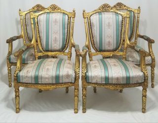 Antique French Louis Xvi Dining Armchairs Gilded Set Of Four Vintage