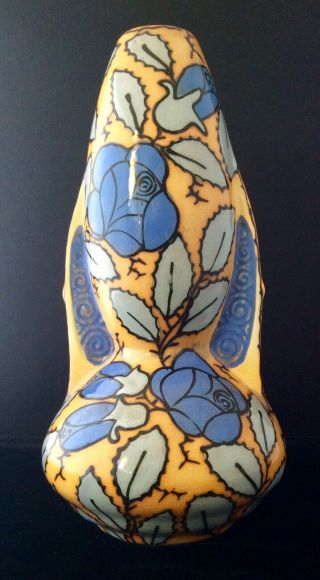 Vintage Mid Century Hand Painted Art Pottery Blue Roses Vase Czechoslovakia
