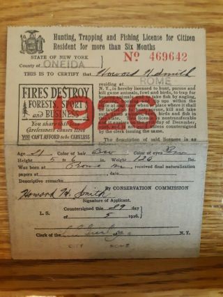 1926 State Of York Citizen/resident Hunting,  Trapping & Fishing License