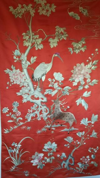 Antique Large Qing Dynasty Silk Embroidered Panel Of Fawn,  Crane,  Bats,  & Flora.