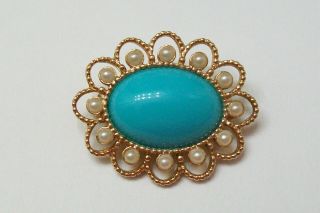 Vintage Sarah Coventry Brooch Pin Turquoise Cabochon Gold Tone Pearls