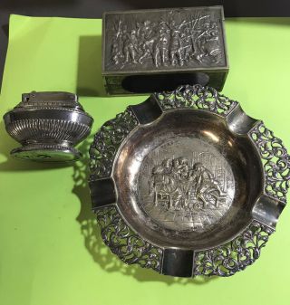 Antique Cigar Ashtray And Match Box Set With A Ronson Queen Anne Silver Lighter