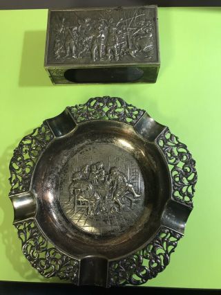 Antique cigar ashtray and match box set with a Ronson Queen Anne Silver Lighter 2