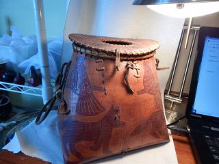 Vtg Trout Fly Fishing Birchbark Creel Painted Birds And Fox Indians On Top Hide