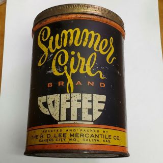 Vtg Summer Girl Brand Coffee Tin Can H D Lee Mercantile Salina Kansas One Pound