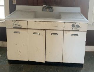 Crosley Antique White Metal Kitchen Cabinets With Porcelain Enamel Farm Sink