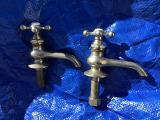Vintage Brass And Porcelain Hot/ Cold Bathroom Or Kitchen Sink Faucets