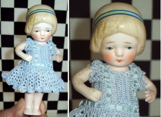 5 " Antique Unmarked German Blond Bisque Doll W Jointed Arms Crochet Dress Panties