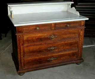 Antique Marble Top Washstand - Tiger Oak Base With Three Drawers