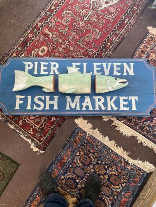 Awesome Pier 11 Fish Market Carved Sign Antique Vintage Wooden Wood