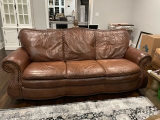 3 - Piece Brown Leather Couch & Chair Set (sofa/seat/ottoman) - Made In Nc,  Usa