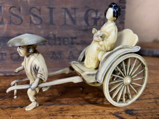Japanese Meiji Ivoroid Rickshaw Statue Chinese Antique Rare Vintage Estate