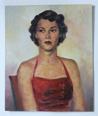 Vintage Mid Century Portrait Oil Painting Woman Female Figure Red Dress