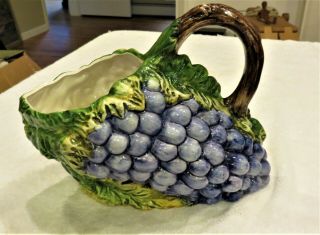 Vintage Hand - Painted Purple Grapes Majolica Pottery Pitcher