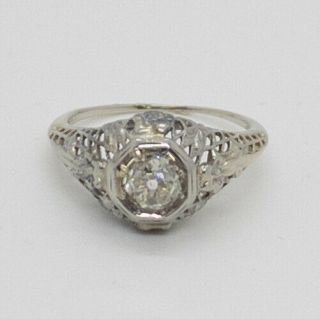 Antique Art Deco.  75 Ct Diamond Filigree Engagement Ring 18k White Gold Sz 6