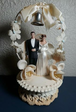 Vintage Antique Chalkware Wedding Cake Topper,  Pedestal Flowers 8 " Bride Groom