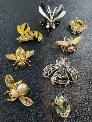 Vintage Bumble Bee Brooch Pins 8pc Colorful Rhinestones Marcasite Gerrys Lot6