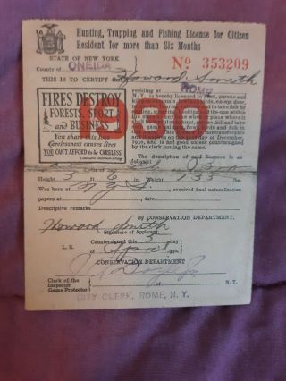 1930 State Of York Citizen/resident Hunting,  Trapping & Fishing License