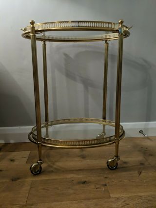 Antique French Oval Brass Drinks Trolley Bar Cart