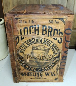 Bloch Bros MAIL POUCH Tobacco Antique Wood CRATE w/ Label Wheeling WV 2