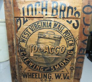 Bloch Bros MAIL POUCH Tobacco Antique Wood CRATE w/ Label Wheeling WV 3