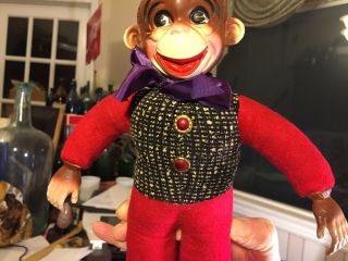 vintage molded plastic and stuffed circus organ grinder monkey with hat doll toy 3