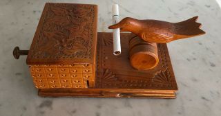 Carved Wood Cigarette Dispenser Box With Mechanical Bird
