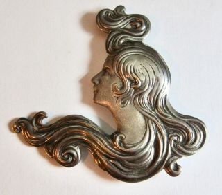 Vintage Art Nouveau Sterling Silver Brooch Of A Woman With Flowing Hair