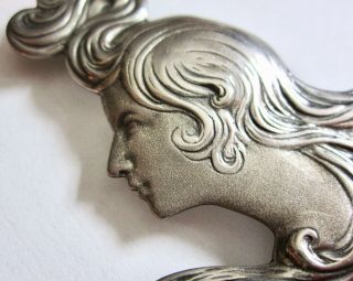 Vintage Art Nouveau Sterling Silver Brooch Of A Woman With Flowing Hair 2