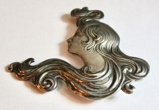 Vintage Art Nouveau Sterling Silver Brooch Of A Woman With Flowing Hair 3